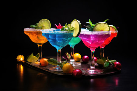 Line of many colorful alcoholic cocktails on a bar in a nightclub on dark background. Generative AIの素材