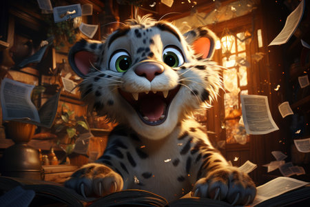 Cartoon cute leopard in nature. Baby illustration, AI Generativeの素材