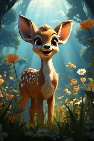 Cartoon cute deer in nature. Baby illustration, AI Generativeの素材