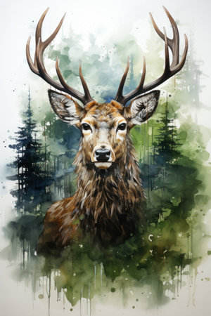 Roe deer portrait in watercolor style. Created with Generative AIの素材