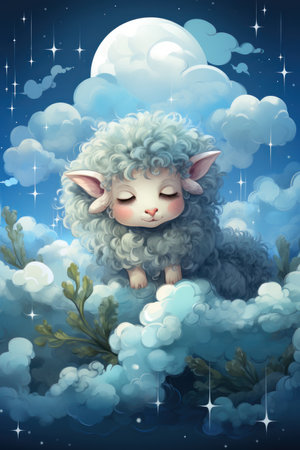 Cute sheep sleeping on a cloud, watercolor drawing. Generative AIの素材