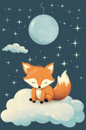 Cute red fox sleeping on a cloud, watercolor drawing. Generative AIの素材