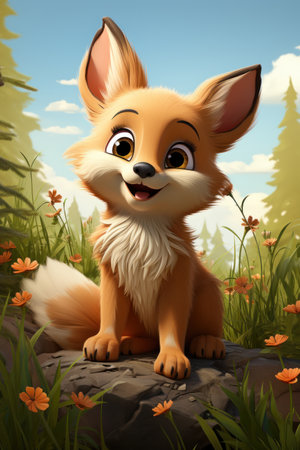 Cartoon cute red fox in nature. Baby illustration, AI Generativeの素材