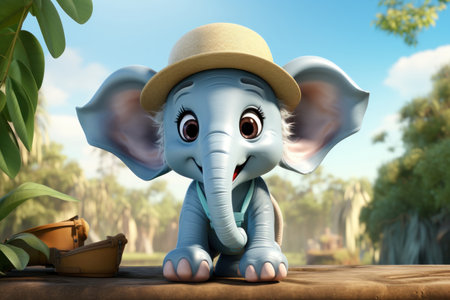 Cartoon cute elephant in summer day. Baby illustration, AI Generativeの素材