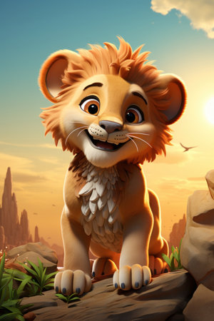 Cartoon cute lion king in nature. Baby illustration, AI Generativeの素材