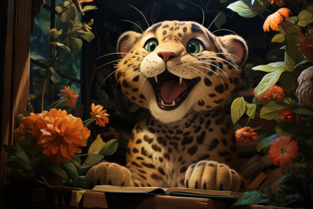 Cartoon cute leopard in nature. Baby illustration, AI Generativeの素材