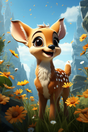Cartoon cute deer in nature. Baby illustration, AI Generativeの素材
