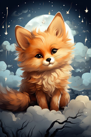 Cute red fox sleeping on a cloud, watercolor drawing. Generative AIの素材