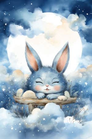 Cute rabbit sleeping on a cloud, watercolor drawing. Generative AIの素材
