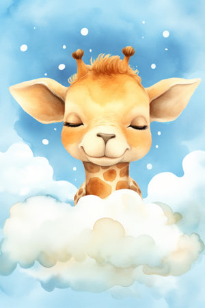 Cute giraffe sleeping on a cloud, watercolor drawing. Generative AIの素材