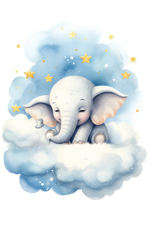 Cute elephant sleeping on a cloud, watercolor drawing. Generative AIの素材