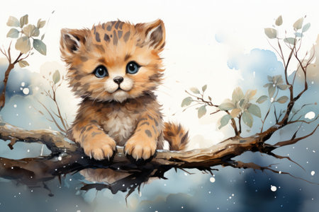 Cute baby leopard cartoon in watercolor style illustration. AI Generativeの素材