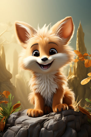 Cartoon cute red fox in nature. Baby illustration, AI Generativeの素材