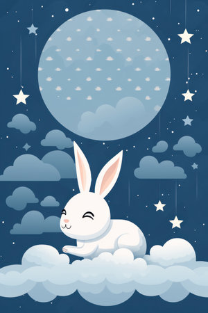 Cute rabbit sleeping on a cloud, watercolor drawing. Generative AIの素材