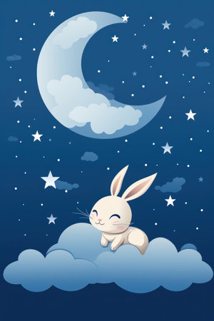 Cute rabbit sleeping on a cloud, watercolor drawing. Generative AIの素材