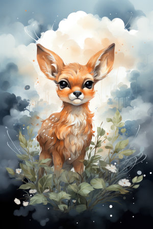 Cute baby deer cartoon in watercolor style illustration. AI Generativeの素材