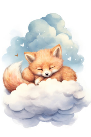 Cute red fox sleeping on a cloud, watercolor drawing. Generative AIの素材