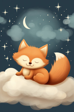 Cute red fox sleeping on a cloud, watercolor drawing. Generative AIの素材