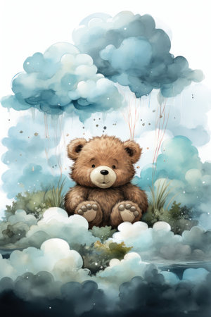 Cute bear sleeping on a cloud, watercolor drawing. Generative AIの素材