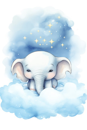 Cute elephant sleeping on a cloud, watercolor drawing. Generative AIの素材