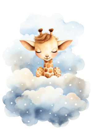 Cute giraffe sleeping on a cloud, watercolor drawing. Generative AIの素材
