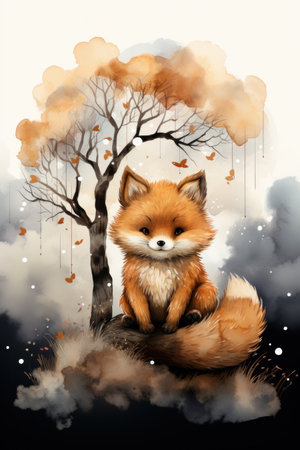 Cute baby red fox cartoon in watercolor style illustration. AI Generativeの素材