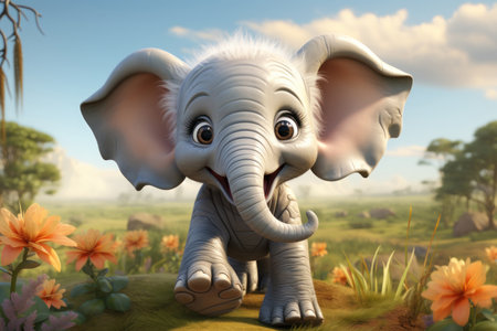 Cartoon cute elephant in summer day. Baby illustration, AI Generativeの素材