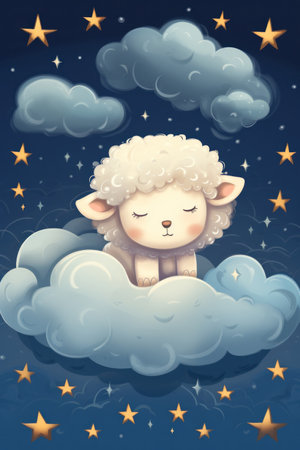 Cute sheep sleeping on a cloud, watercolor drawing. Generative AIの素材