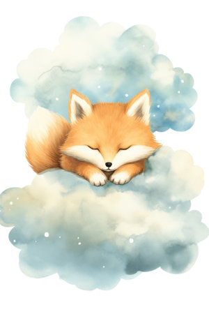 Cute red fox sleeping on a cloud, watercolor drawing. Generative AIの素材