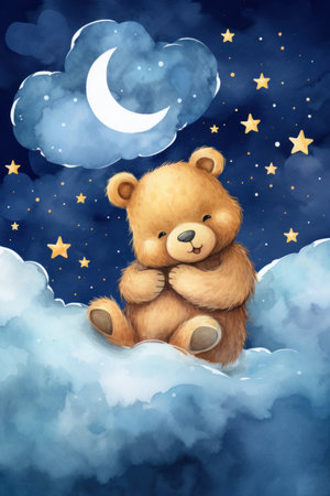Cute bear sleeping on a cloud, watercolor drawing. Generative AIの素材