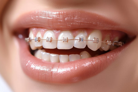 A close-up view of a childs teeth with visible braces. The childs smile shows the braces and healthy white teeth.の素材