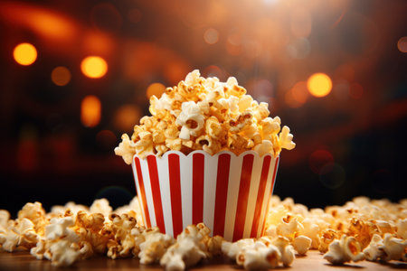 A popcorn bucket filled to the brim with freshly popped popcorn, placed on a wooden table. The popcorn spills over the edges of the bucket, creating a mouthwatering display of snack.の素材
