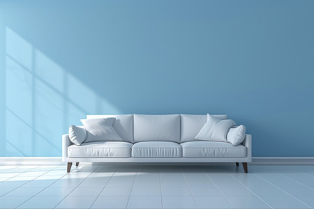 A contemporary living room featuring a white couch against a light pastel blue wall. The room is minimally decorated and exudes a clean and fresh ambiance.の素材