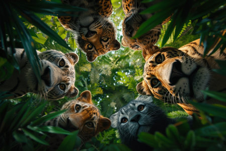 A group of cats is gathered in a circle, all looking up at the camera with curiosity. The feline animals exhibit their natural behavior of observing their surroundings.の素材