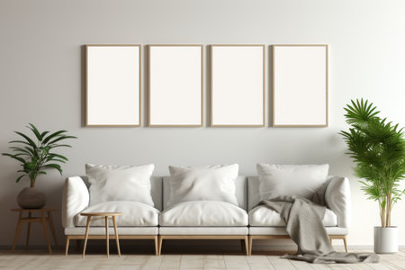 A modern living room containing a comfortable couch and a fresh potted plant. The room is bright and spacious, with a large blank vertical white framed poster mockup on the wall.の素材