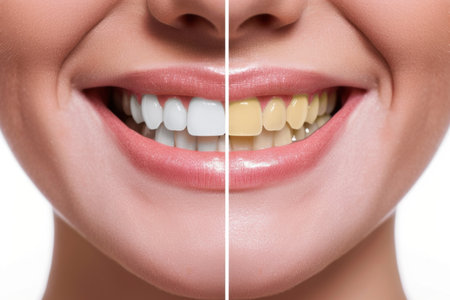 The image showcases a comparison of a womans teeth before and after undergoing a professional whitening treatment. The teeth show a noticeable improvement in brightness and cleanliness post-treatment.の素材