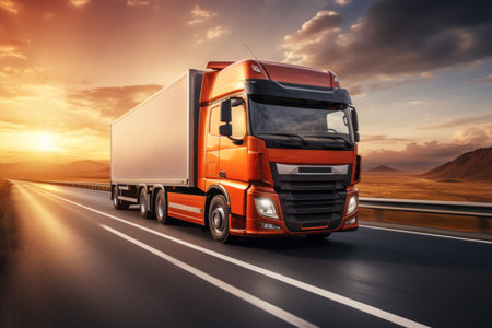 A semi truck is seen driving down a highway during sunset. The massive vehicle is moving steadily, with the warm hues of the setting sun casting a golden glow on the scene.の素材