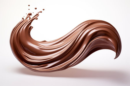 Smooth and rich chocolate liquid cascading in a wave-like motion against a clean white background, creating a striking contrast. The viscous cocoa fluid appears velvety and indulgent, showing its glossy texture and deep brown color.の素材