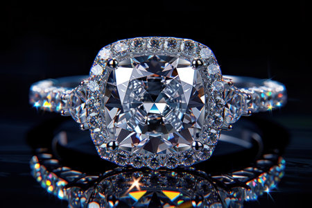 A close-up shot featuring a stunning diamond engagement ring surrounded by a halo of smaller diamonds, emphasizing its elegance and brilliance.の素材