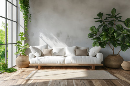 A white couch is placed on top of a wooden floor in a modern living room setting. The simple and clean design adds elegance to the room.の素材