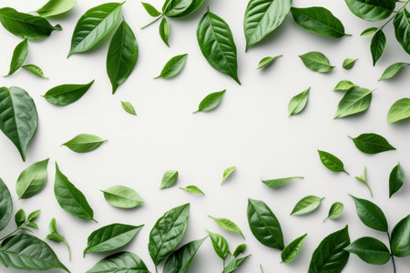 A close-up view of vibrant green leaves of herbal tea placed on a clean white background. The leaves are lush, with intricate veins and a glossy texture, creating a striking contrast against the pure white backdrop.の素材