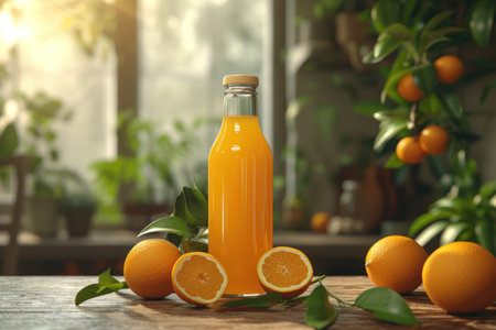 A bottle of orange juice is placed on top of a wooden table, with a fresh orange mockup next to it. The setup showcases a simple and rustic scene.の素材