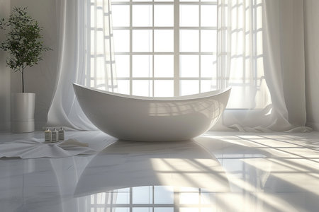 A white bathtub is positioned in a bathroom, located next to a window that allows sunlight to flood into the room. The minimalist design of the bathroom enhances the clean and bright aesthetic.の素材