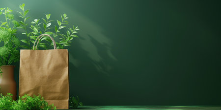 A brown paper bag is placed on top of a wooden table. The bag is filled with green plant leaves and is peacefully resting on the surface of the table.の素材