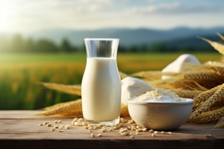 A glass bottle of milk is placed beside a white ceramic bowl filled with oatmeal. The setting is a blurred farm background, enhancing the simplicity and wholesomeness of the breakfast scene.の素材