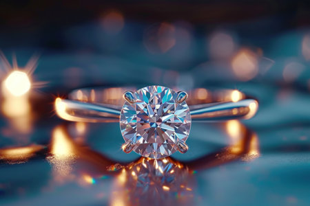 A close-up view of an elegant diamond ring placed on a table, showing its intricate details and brilliant sparkle in the light.の素材