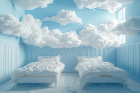 A room with light blue walls featuring two white wooden beds and a sky mural painted on one wall. The beds are neatly made with white lines. The sky mural includes fluffy white clouds and a clear blue sky.の素材