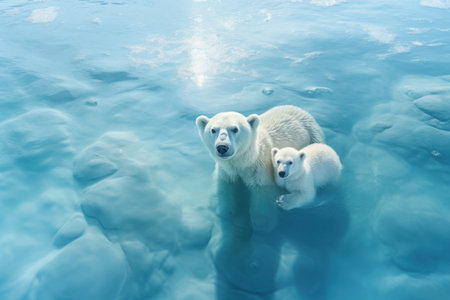 Two polar bears, likely a mother and cub, standing on a vast expansion of ice in their natural habitat. The bears are stationary, their thick fur protecting them from the cold environment as they survey their surroundings.の素材