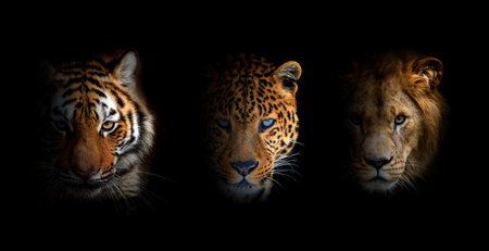 Portrait big cats: Lion, tiger and leopard, together on a black background