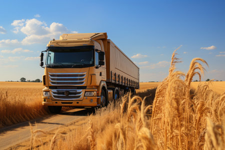 A large truck is seen driving down a rural road in Ukraine, transporting wheat for logistics purposes during wartime. The blend trucks in with the rustic surroundings as it navigates the countryside.の素材